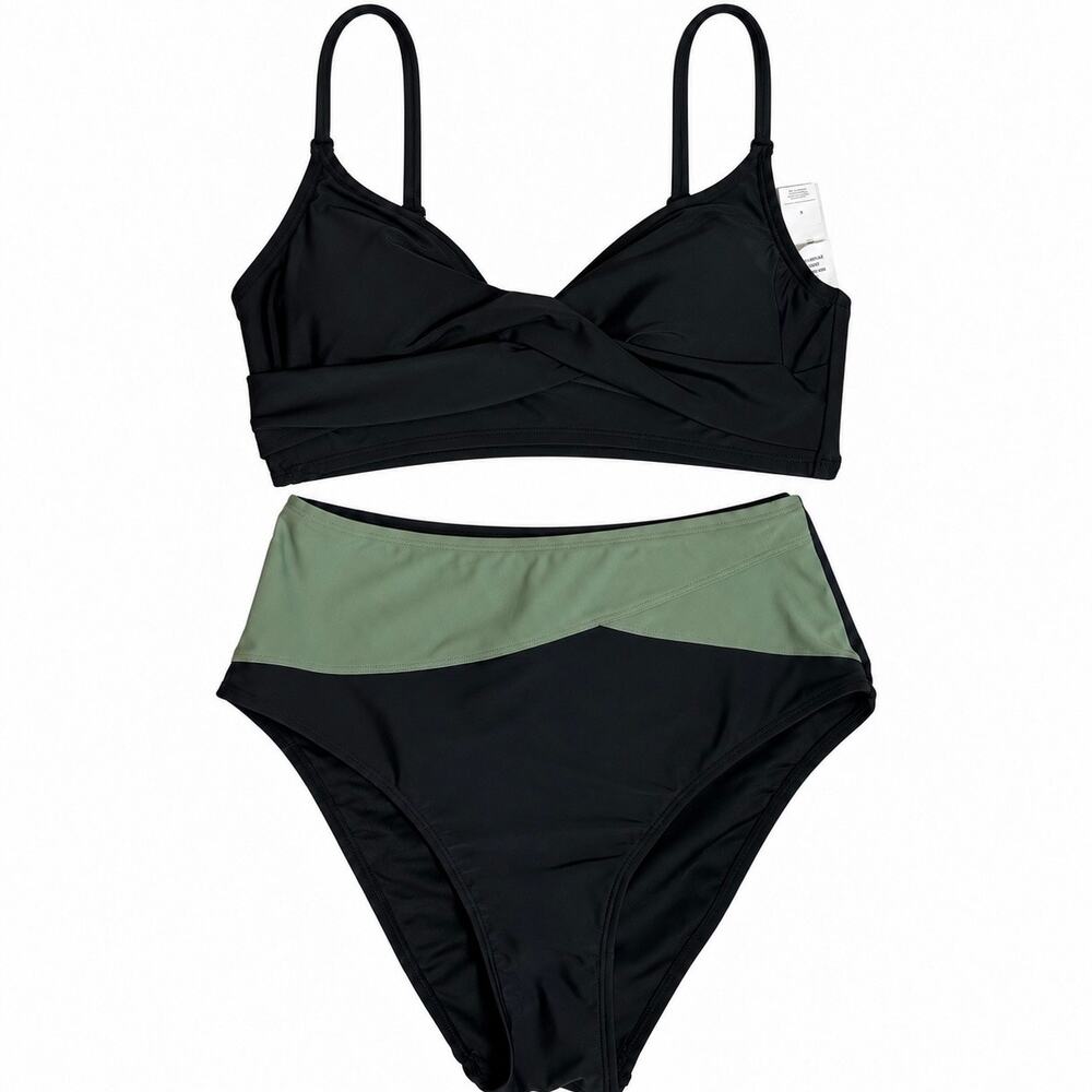 Cupshe Women Black Green Bikini Set Twist Front High Waist 2 Piece S NWT
